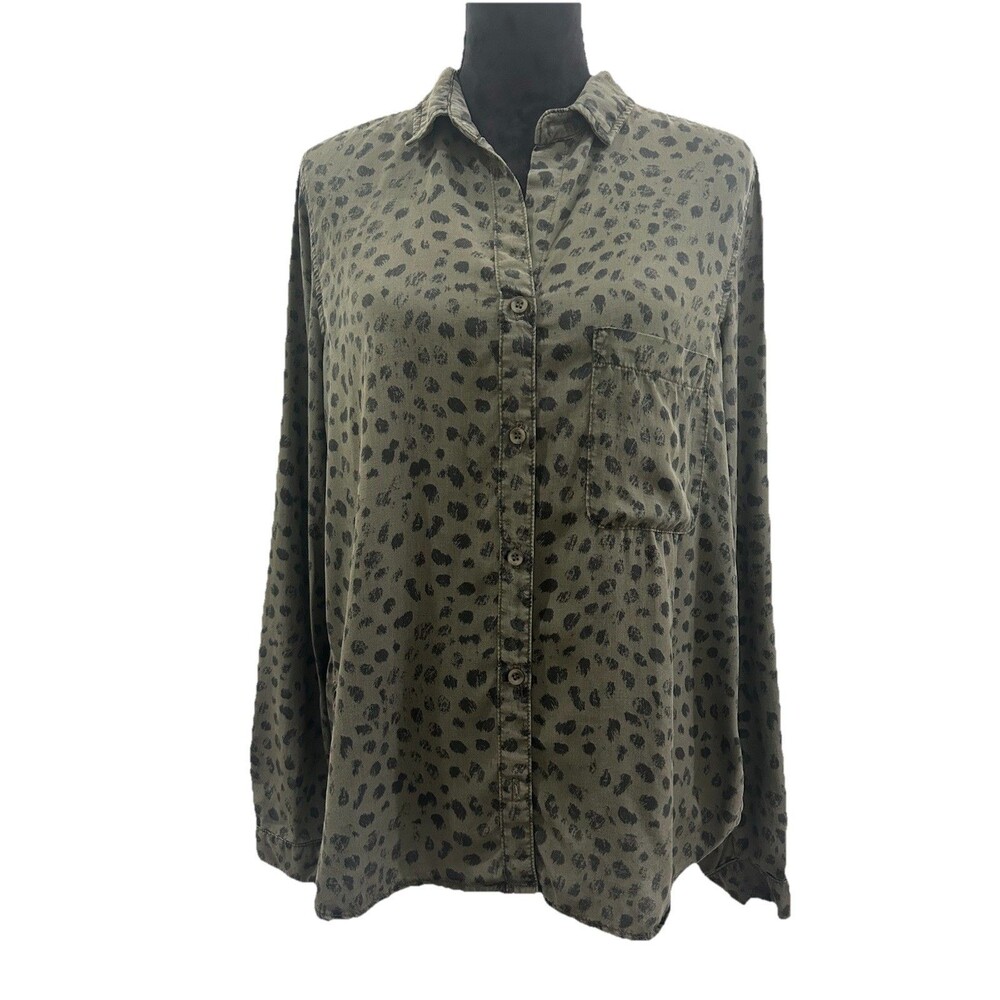 Bella Dahl Womens L  Top Green Button Down  Animal Leopard Print Long Sleeve